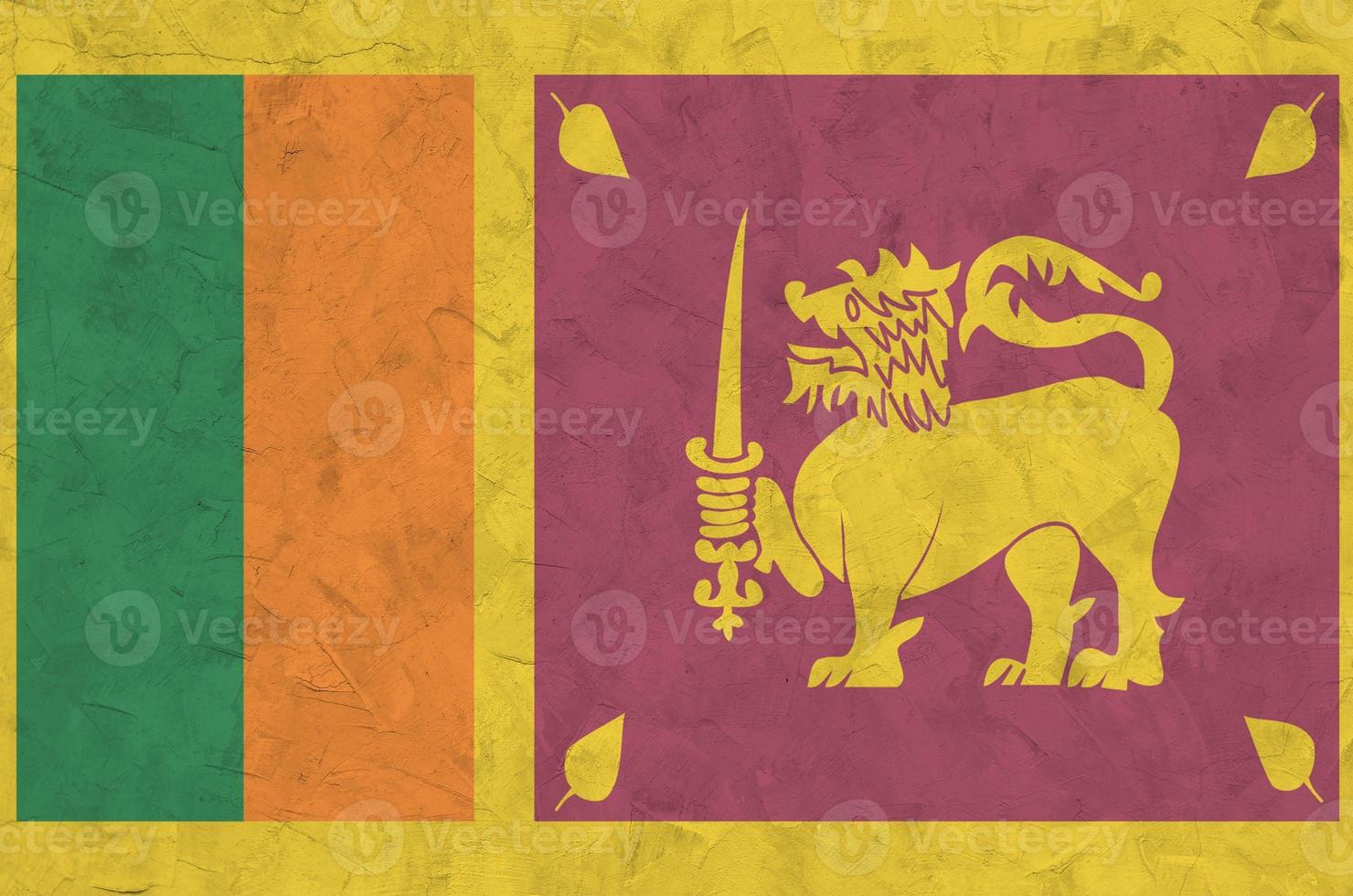 Sri Lanka flag depicted in bright paint colors on old relief plastering wall. Textured banner on rough background photo