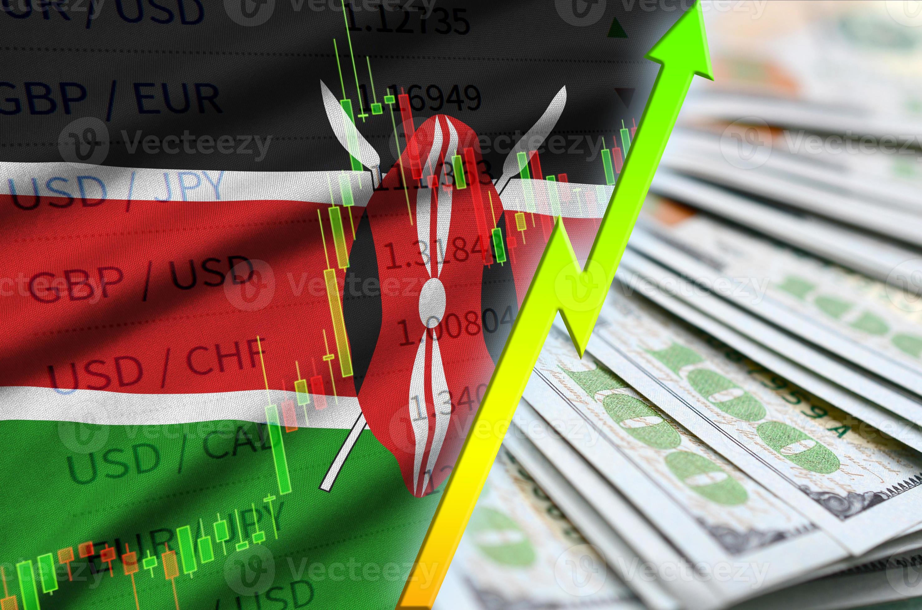 Kenya flag and chart growing US dollar position with a fan of dollar