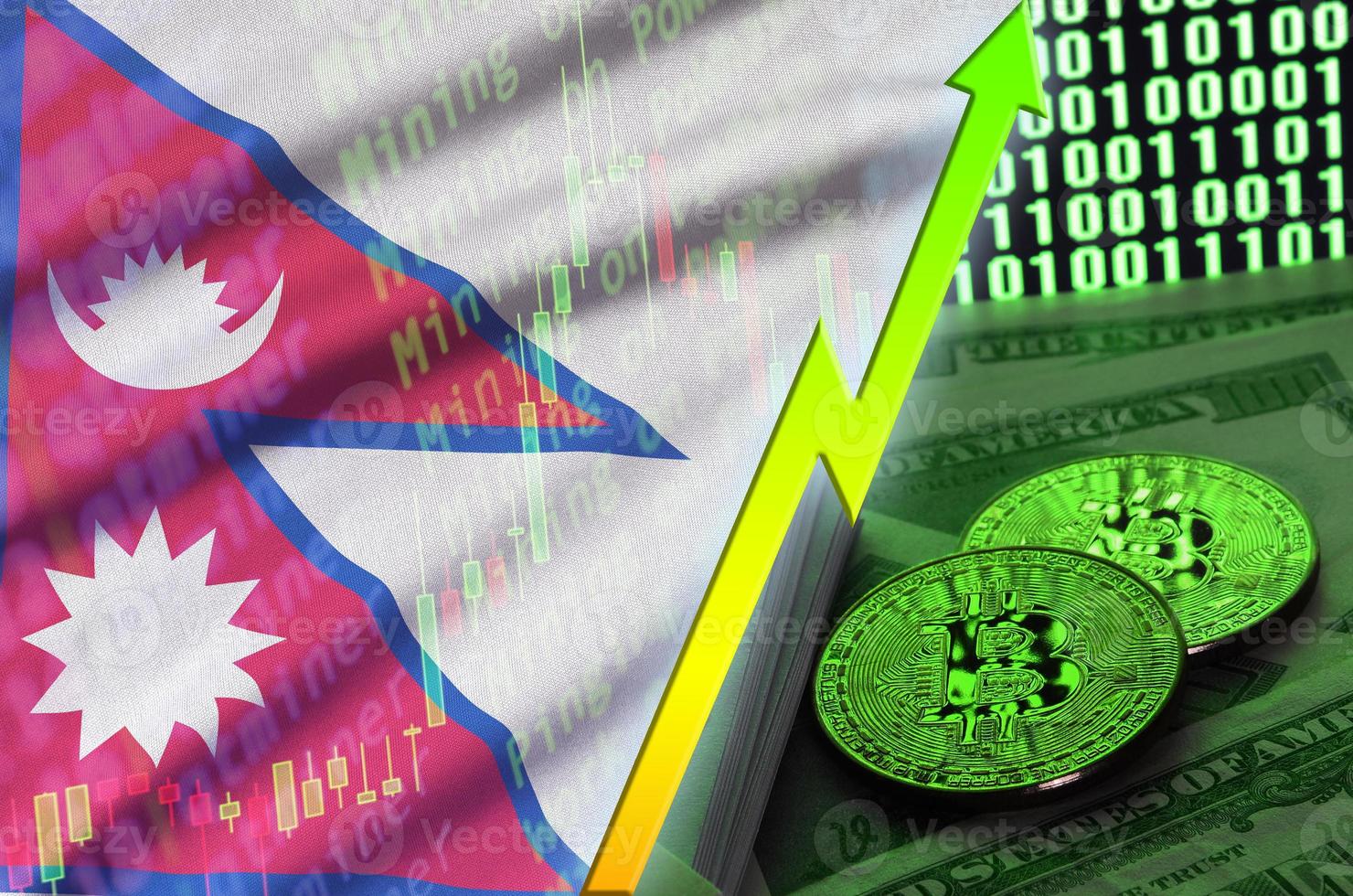 Nepal flag and cryptocurrency growing trend with two bitcoins on dollar bills and binary code display photo