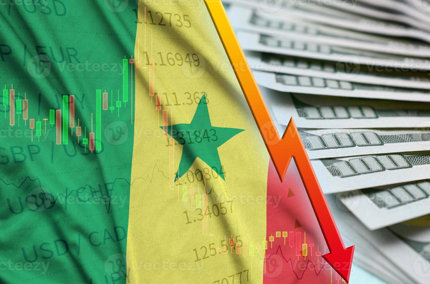 Senegal flag and chart falling US dollar position with a fan of dollar bills photo
