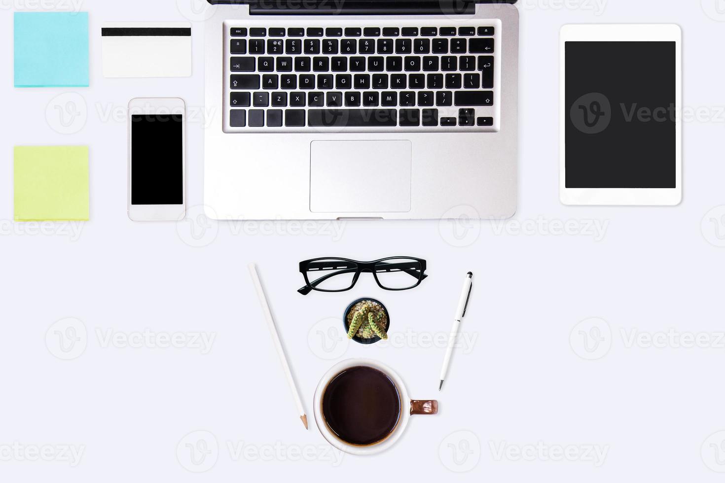 Top view of  white office desk table. photo