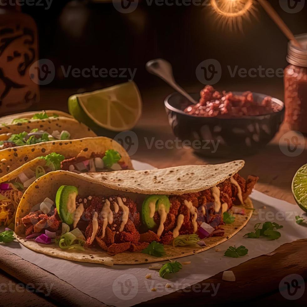 tacos mexicanos de alto ángulo sobre fondo de madera foto