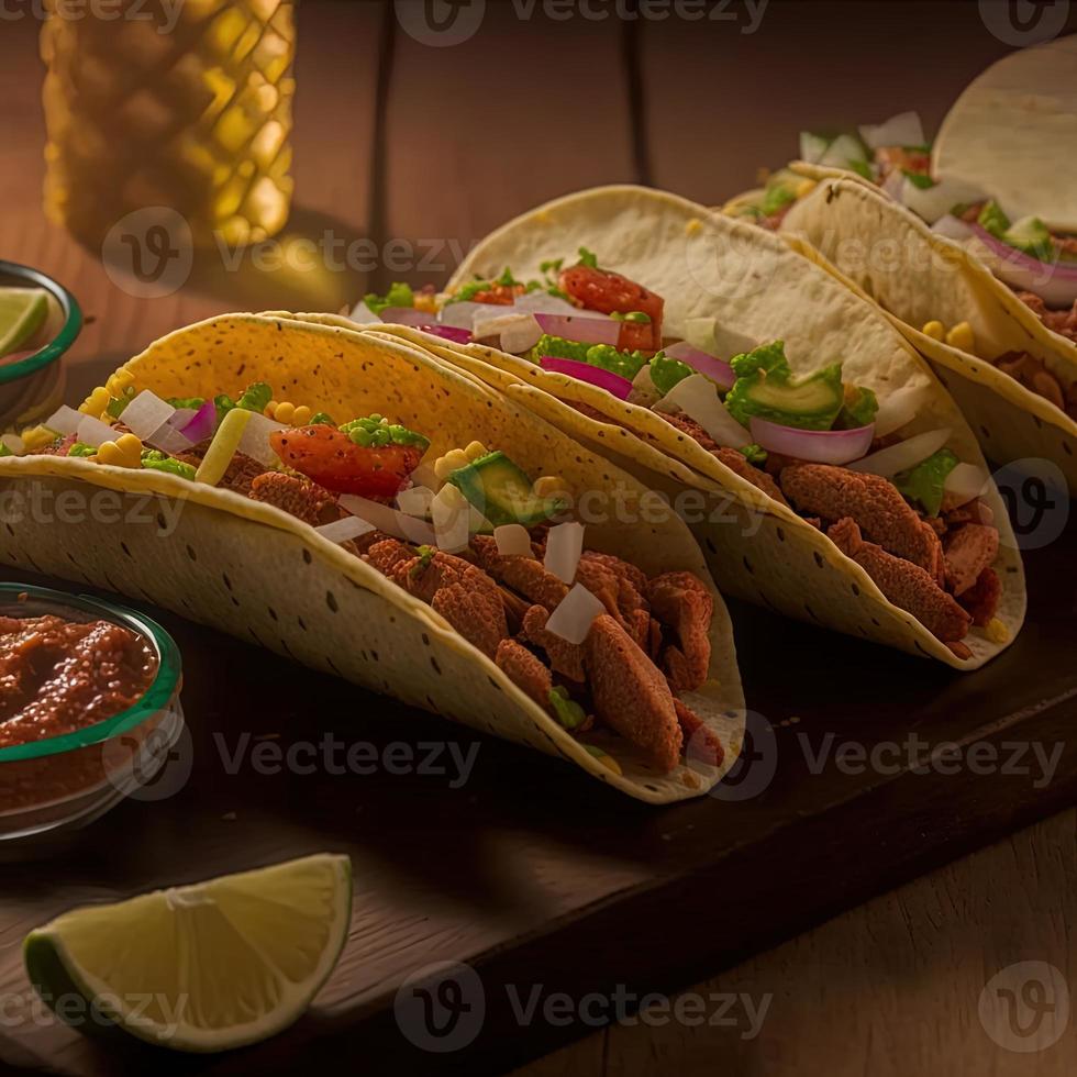 High angle mexican tacos on wooden background photo