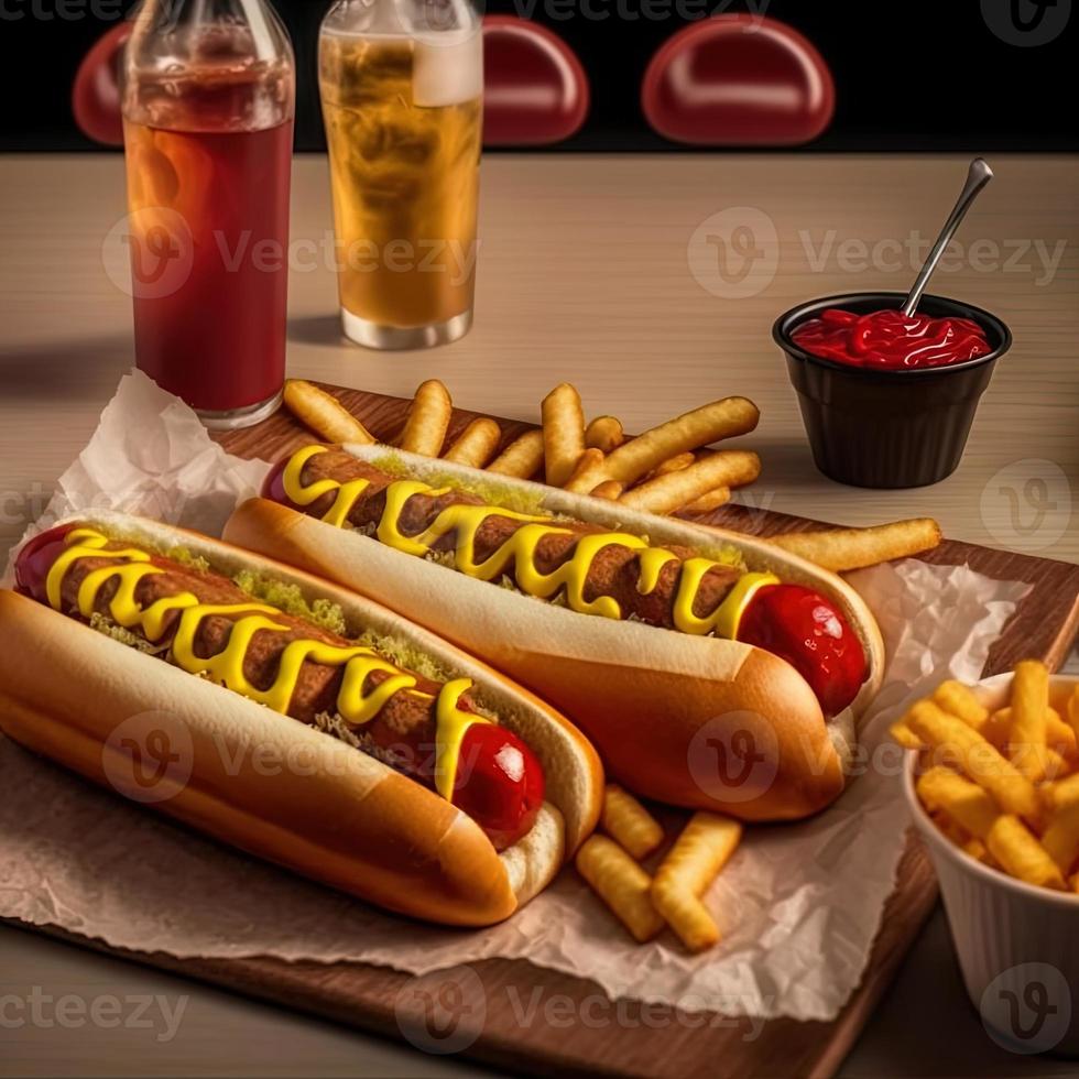 perros calientes con ketchup, mostaza amarilla, papas fritas y refresco. foto