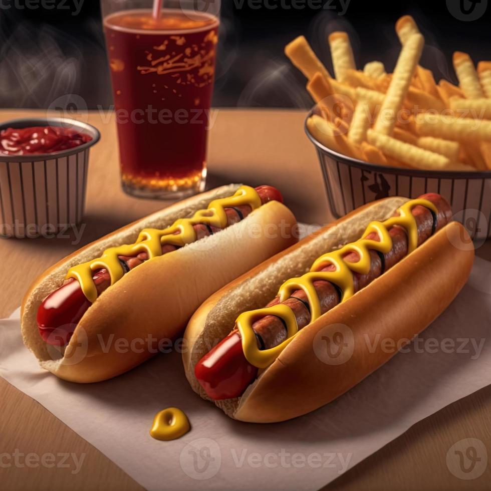 Hot dogs with ketchup, yellow mustard, french fries and soda. photo