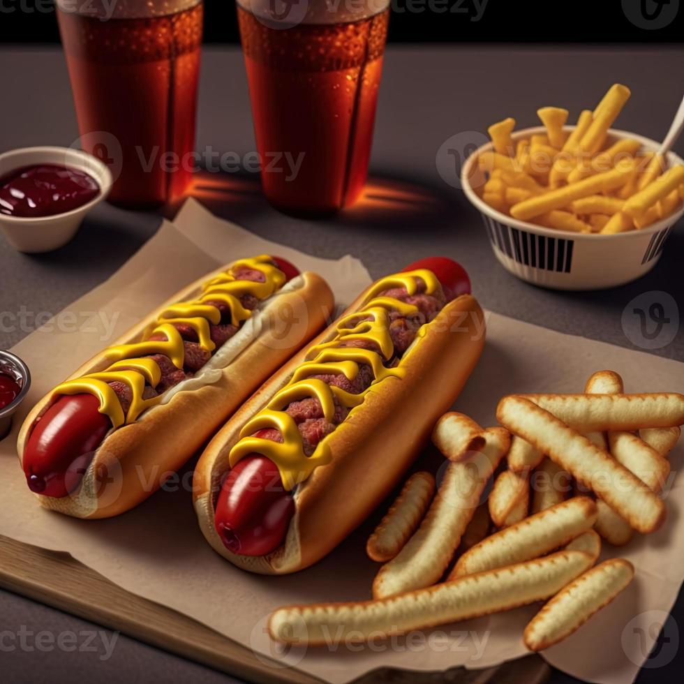 Hot dogs with ketchup, yellow mustard, french fries and soda. photo