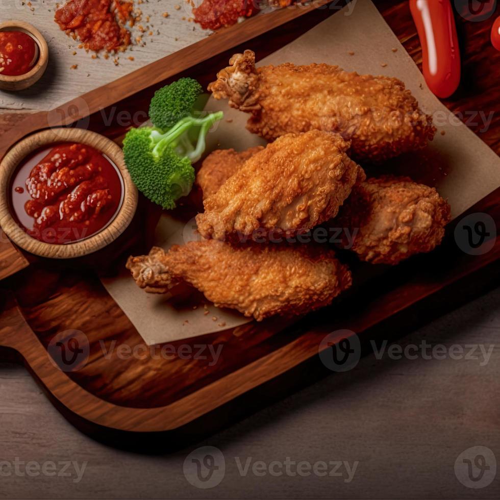 pollo frito crujiente en un plato de madera con salsa de tomate foto