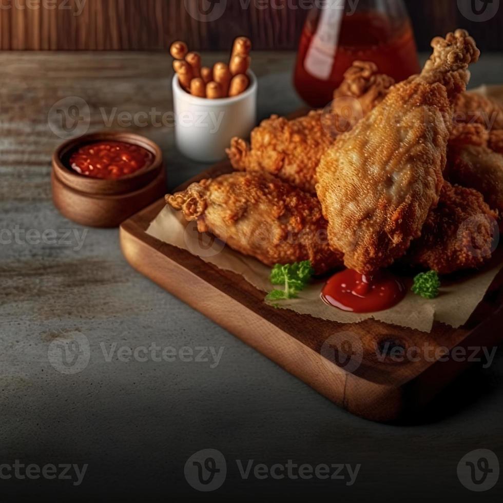 Crispy fried chicken on a wooden plate with tomato sauce photo