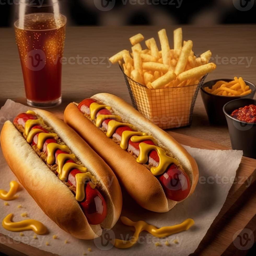 Hot dogs with ketchup, yellow mustard, french fries and soda. photo