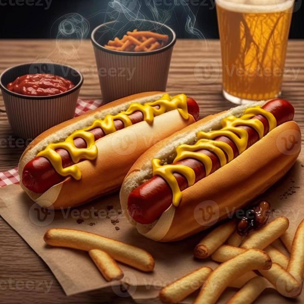 Hot dogs with ketchup, yellow mustard, french fries and soda. photo