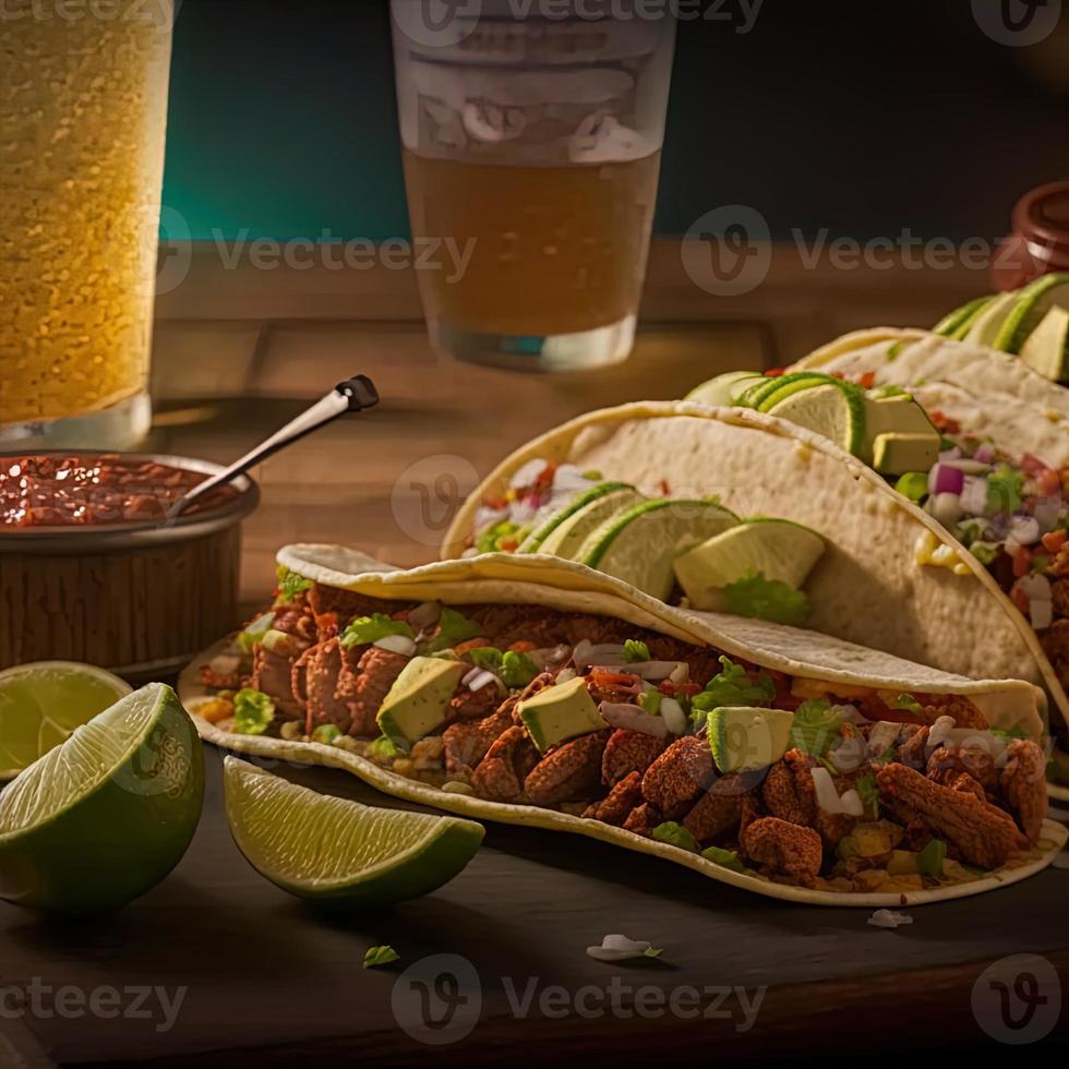 tacos mexicanos de alto ángulo sobre fondo de madera foto