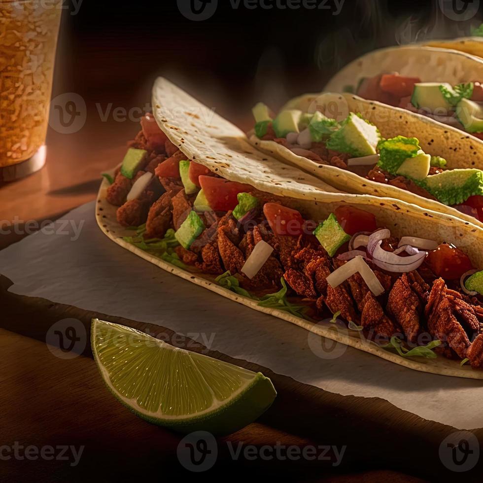 High angle mexican tacos on wooden background photo