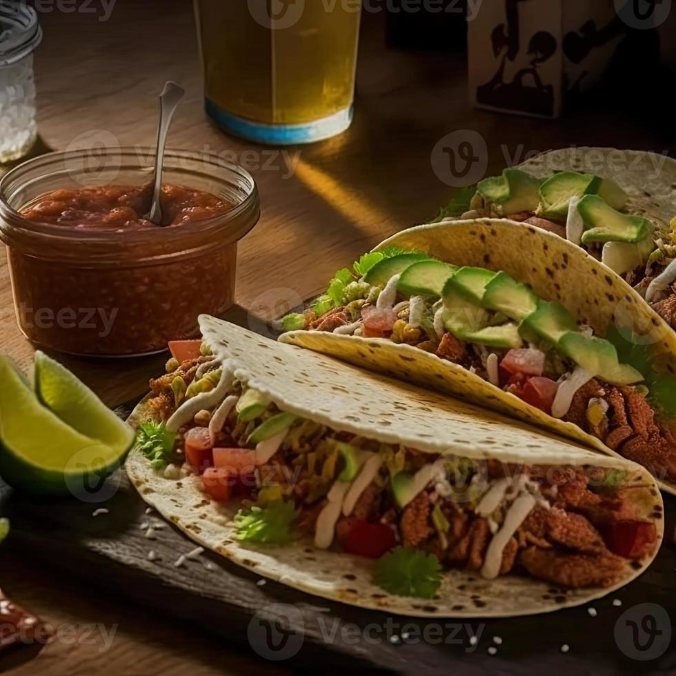 High angle mexican tacos on wooden background photo