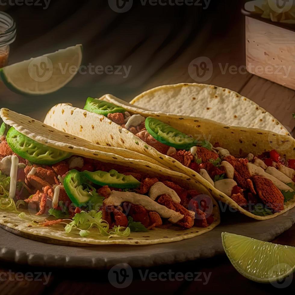 High angle mexican tacos on wooden background photo