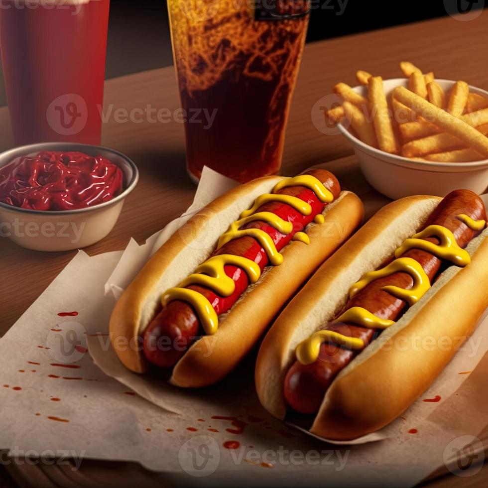 Hot dogs with ketchup, yellow mustard, french fries and soda. photo