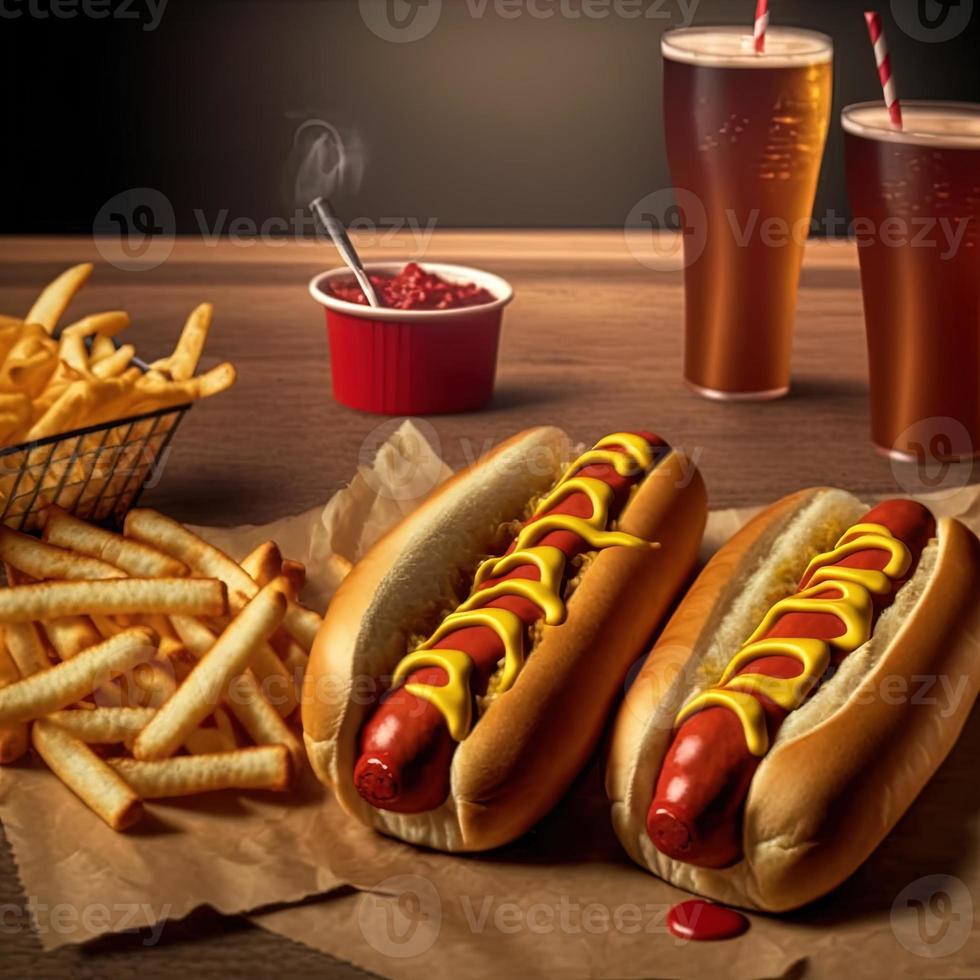 Hot dogs with ketchup, yellow mustard, french fries and soda. photo