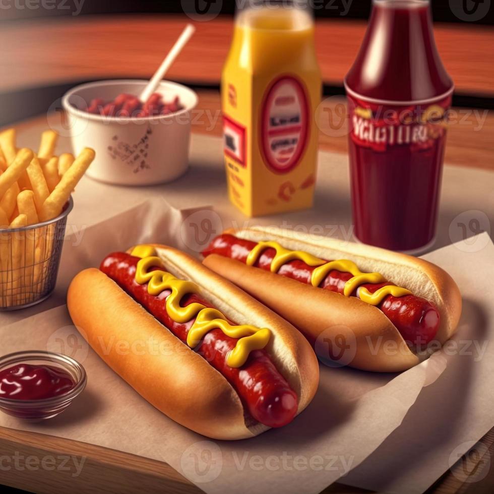 Hot dogs with ketchup, yellow mustard, french fries and soda. photo