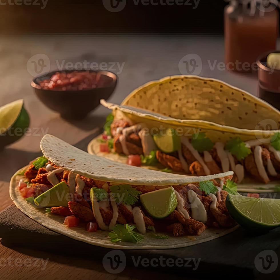 High angle mexican tacos on wooden background photo