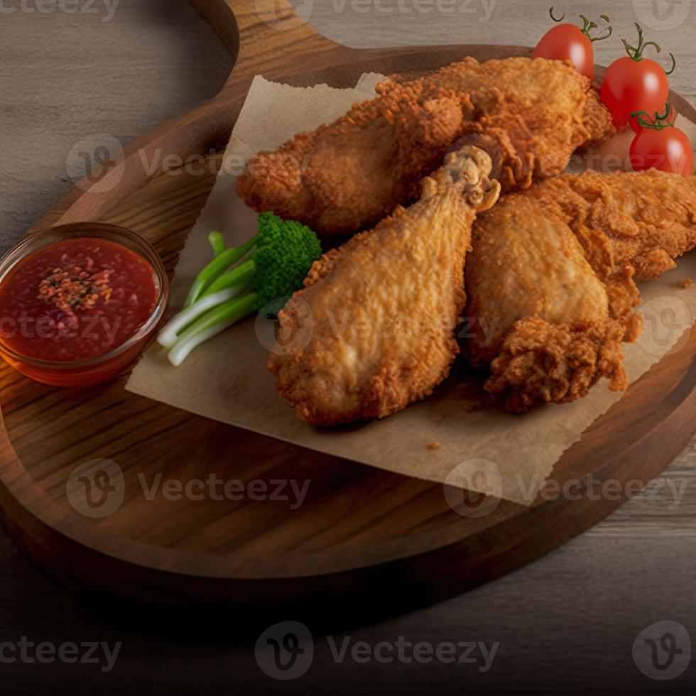 Crispy fried chicken on a wooden plate with tomato sauce photo