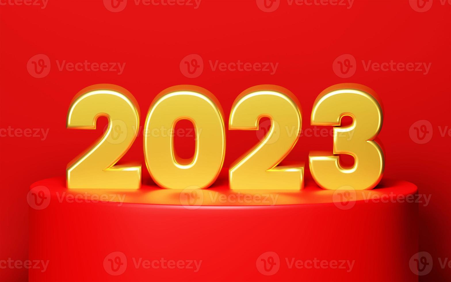 2023 Happy New Year. 3d render 2023 gold metallic sign on red display podium. Realistic 3D 2023 signage for New Year celebration banner photo
