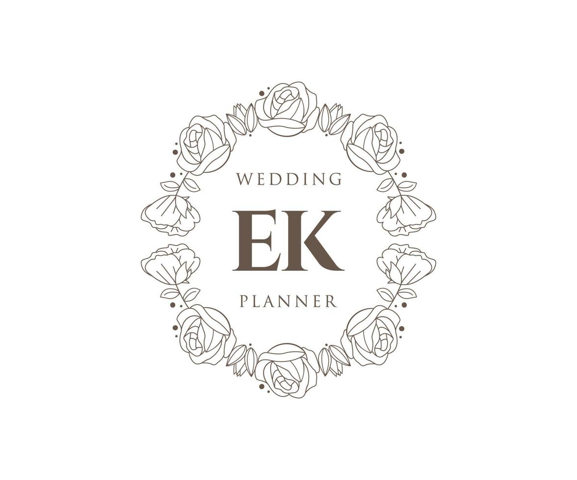 Colección de logotipos de monograma de boda con letras iniciales ek, plantillas florales y minimalistas modernas dibujadas a mano para tarjetas de invitación, guardar la fecha, identidad elegante para restaurante, boutique, café en vector