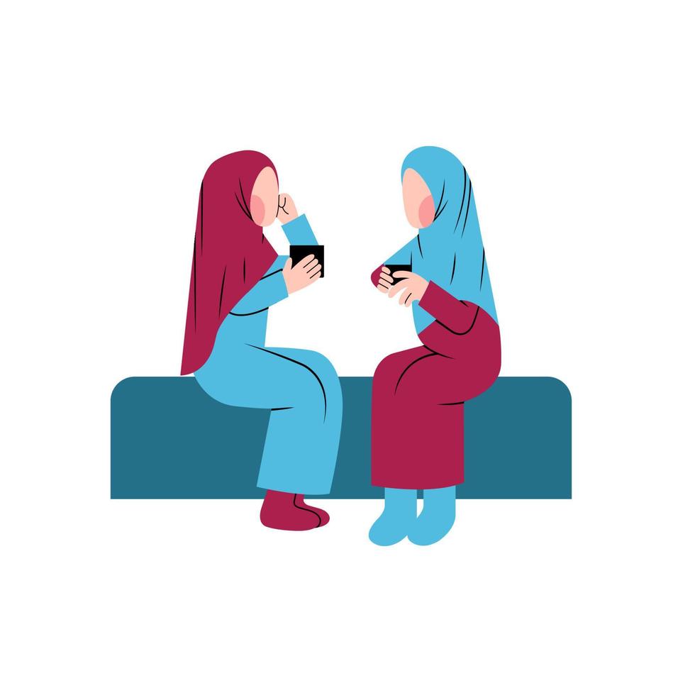 mujeres musulmanas hablando mientras se sientan y toman café vector