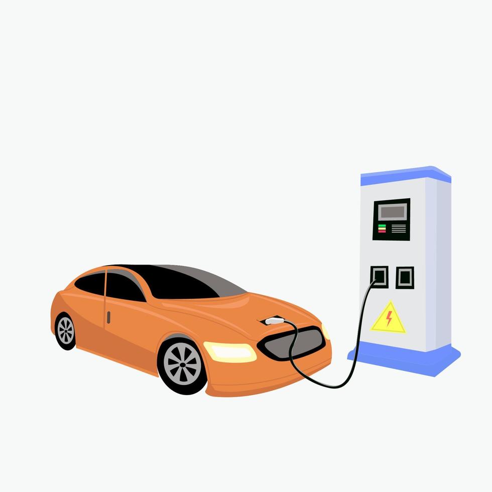 Perspectivas estacionamiento de carga de vehículos eléctricos en la estación de carga con un cable de enchufe. cargando en el lado del coche a la batería. ilustración de vector plano aislado sobre fondo blanco.