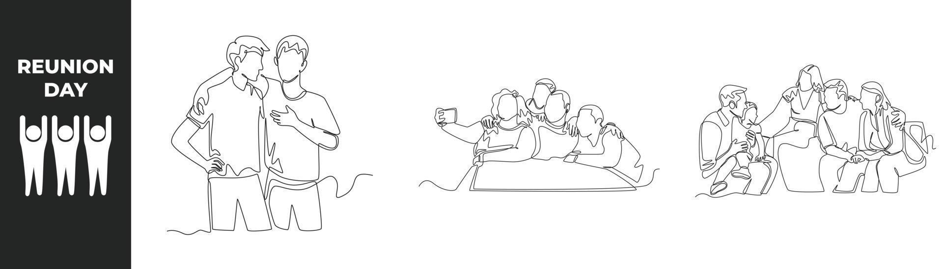Continuous one line reunion day concept. Happy man and woman hugging when they meet and take picture together. Single line draw design vector graph.