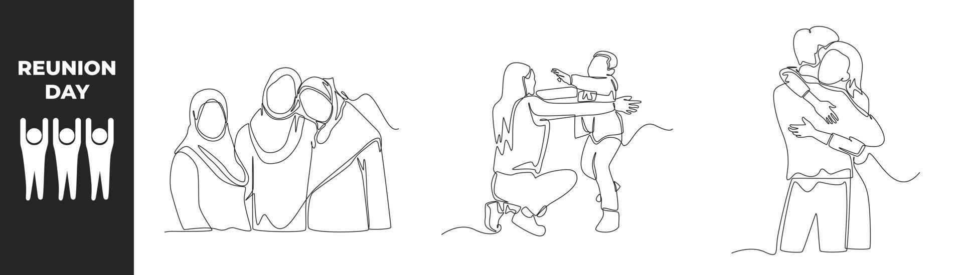 Continuous one line reunion day concept. Happy man, woman and boy hugging when they meet and group of hijab girl muslim. Single line draw design vector graph.