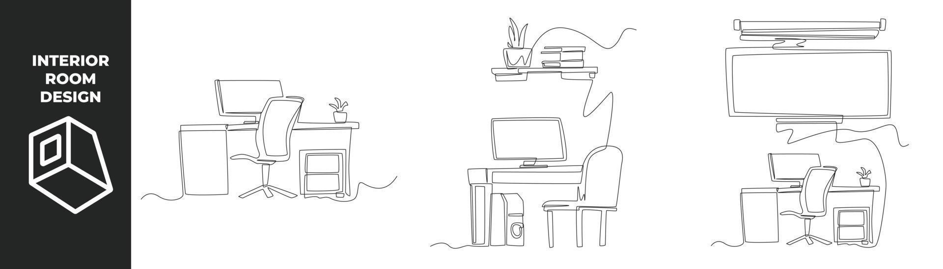 Single one line drawing office interior concept. Office desk, chair, computer, window and plant. Continuous line draw design graphic vector illustration.