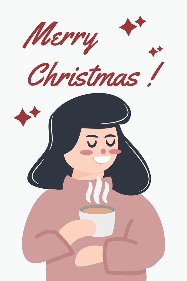 flat illustration of woman drinking coffee merry christmas and happy new year vector