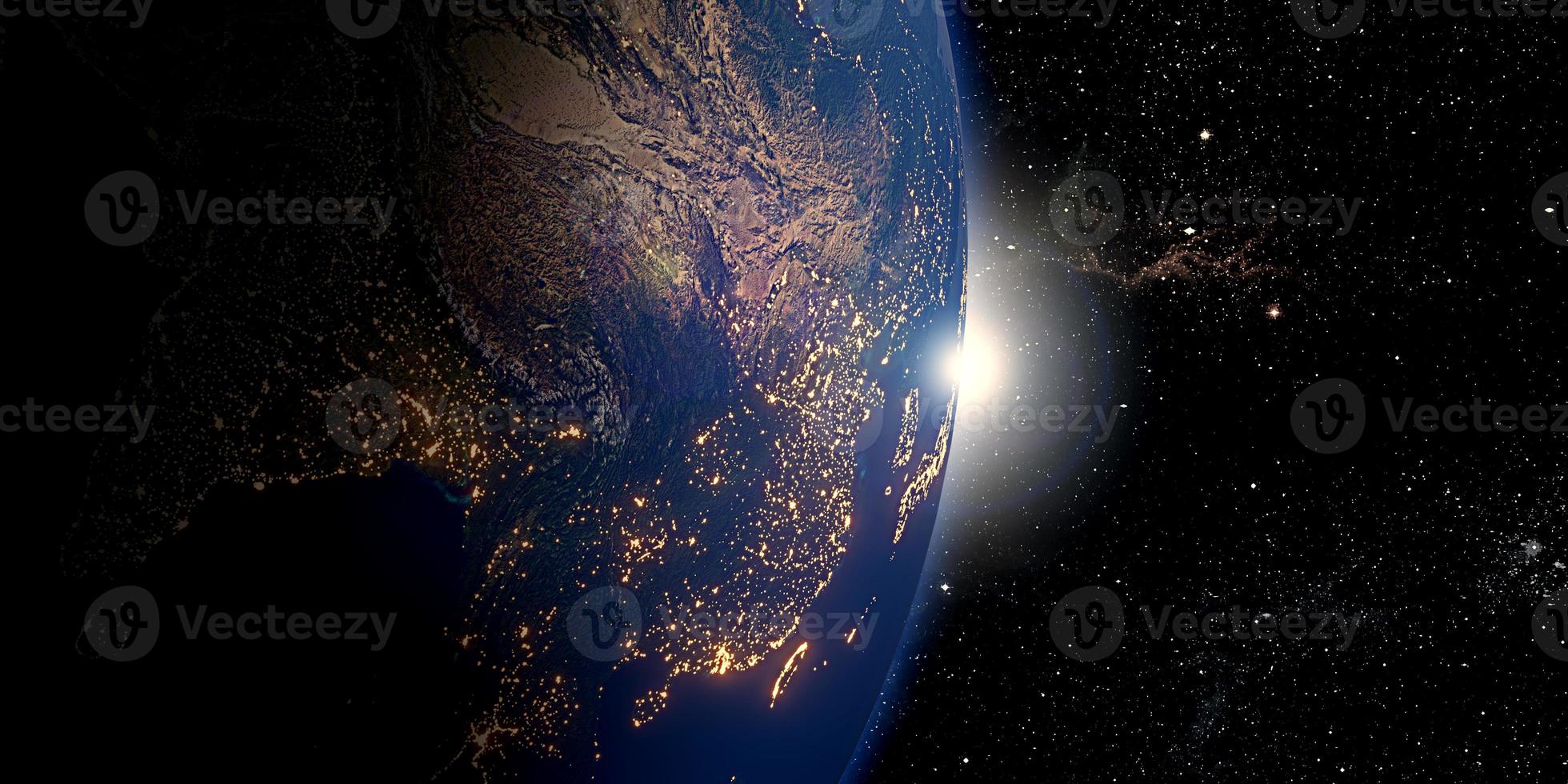 vista de fondo de la tierra desde la nave espacial y la luz reflejada del sol ilustración 3d foto