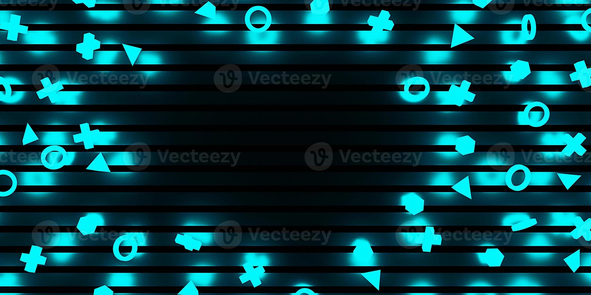 background Neon game symbols technology and with neon triangles game pieces triangle cross square and circle 3D illustration photo