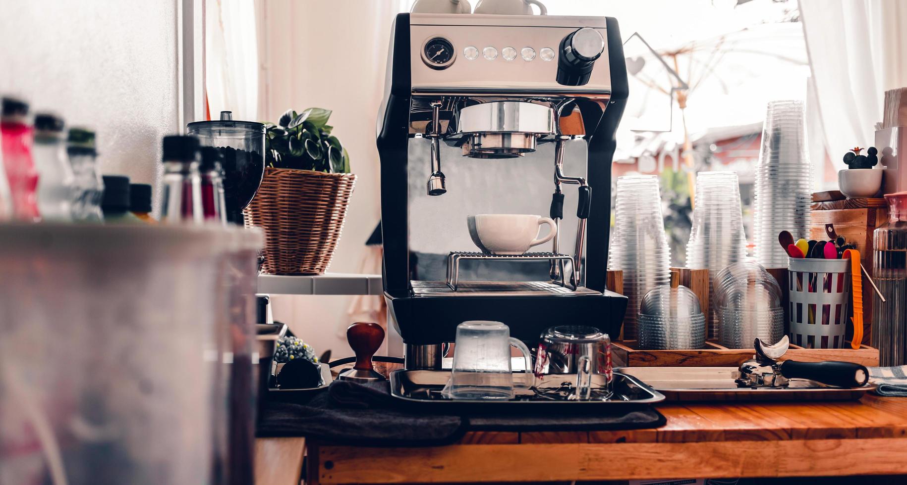 Minimal looking coffee shop ready to open,Coffee machine in the cafe photo