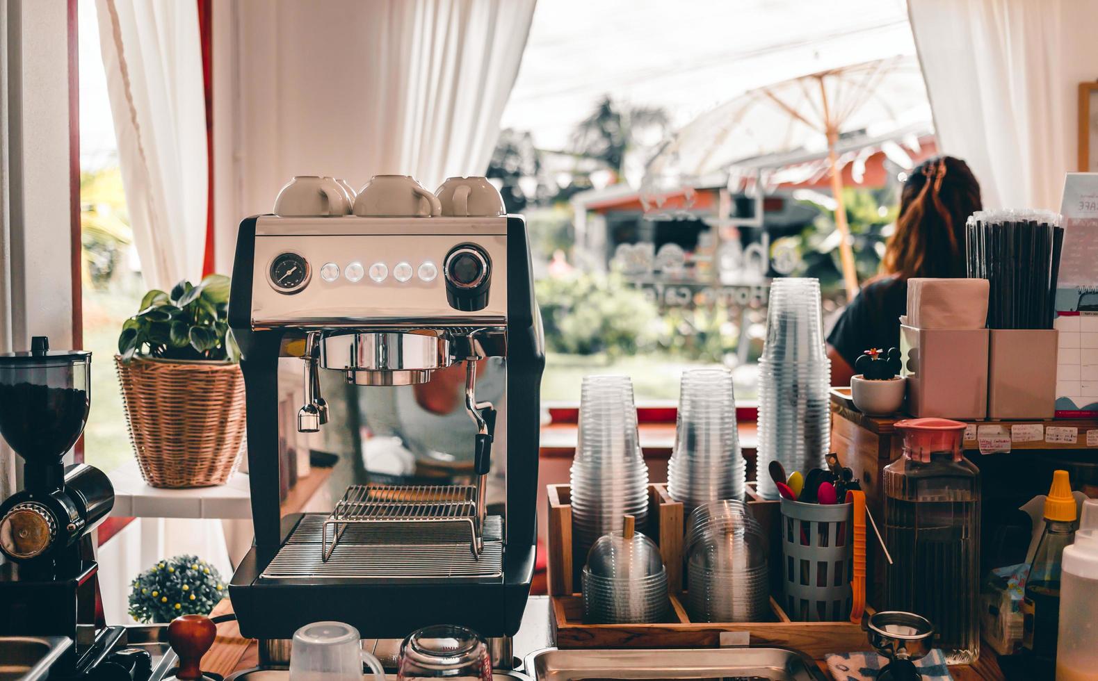 Minimal looking coffee shop ready to open,Coffee machine in the cafe photo