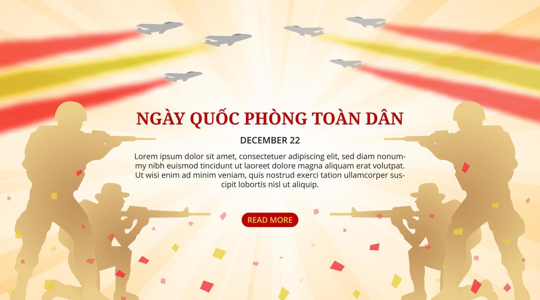 Ngay quoc phong toan dan or Vietnam defense day background with silhouette soldiers and freestyle jetplanes vector