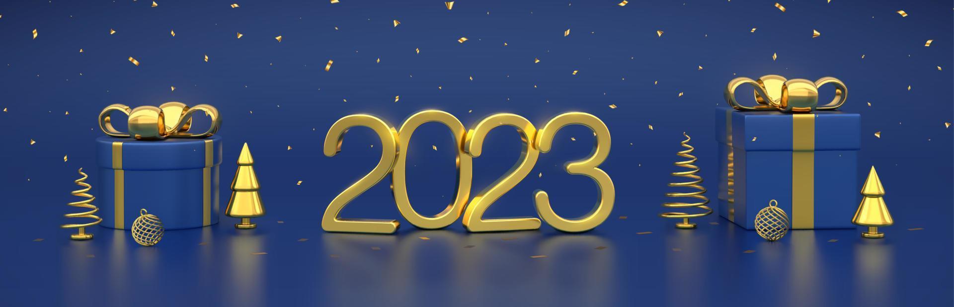 Happy New 2023 Year. 3D Golden metallic numbers 2023 with gift boxes, gold metallic cone shape pine, spruce trees, balls, confetti on blue background. Xmas banner, header, footer. Vector illustration.