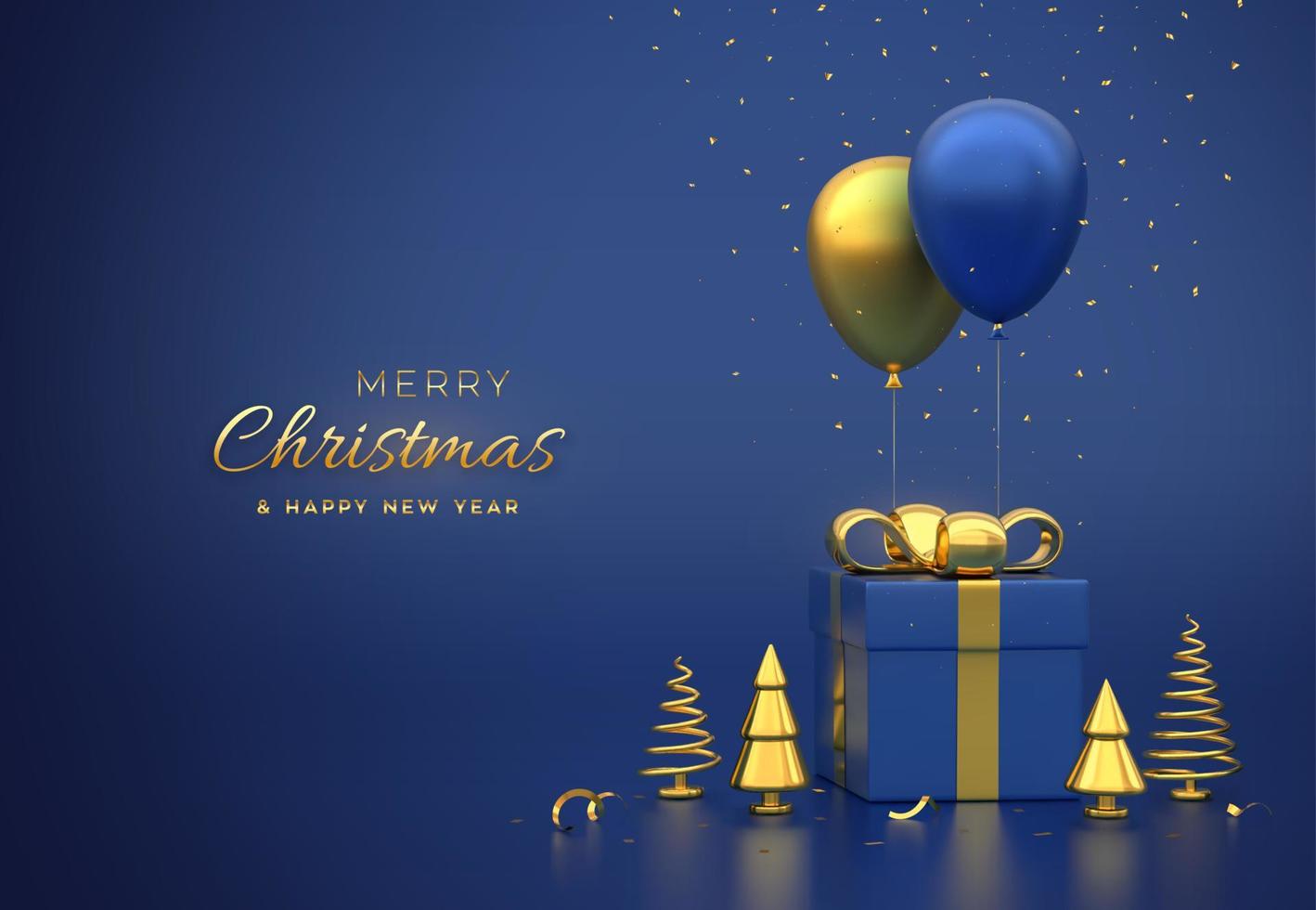Gift box with gold bow and golden metallic pine or fir cone shape spruce trees, festive helium balloons and falling confetti on blue background. Merry christmas card or banner. Vector illustration.