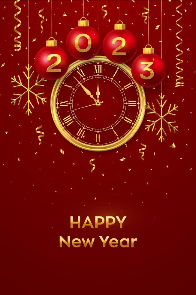 Happy New Year 2023. Hanging red Christmas bauble balls with realistic gold 3d numbers 2023 and snowflakes. Watch with Roman numeral and countdown midnight, eve for New Year. Merry Christmas. Vector. vector