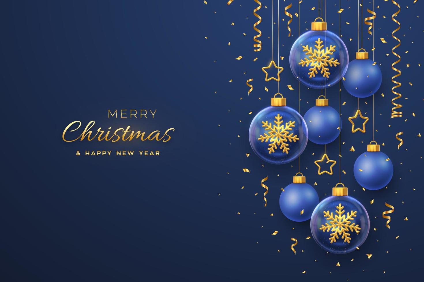 Merry christmas greeting card. Golden shining 3D snowflakes in a glass