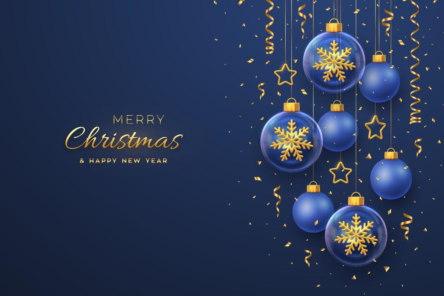 Merry christmas greeting card. Golden shining 3D snowflakes in a glass bauble. Christmas blue background with hanging gold stars and balls. Holiday Xmas, New Year banner, flyer. Vector Illustration.