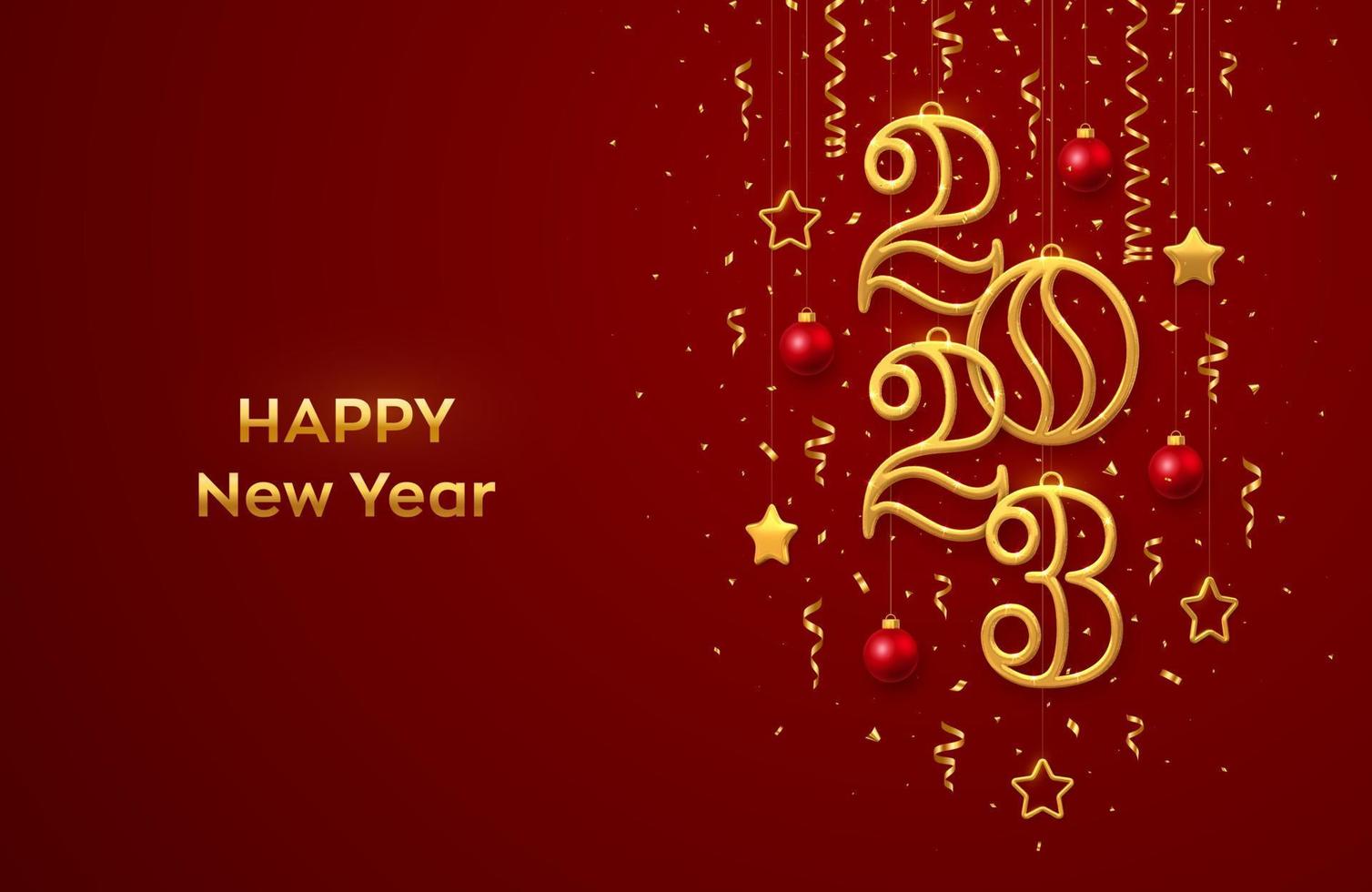 Happy New 2023 Year. Hanging Golden metallic numbers 2023 with shining 3D metallic stars, balls and confetti on red background. New Year greeting card, banner template. Realistic Vector illustration.