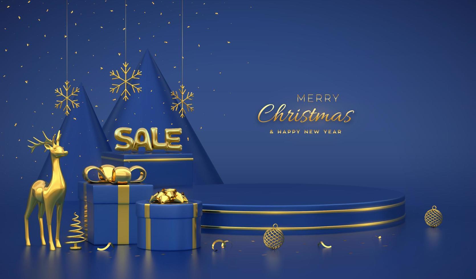 SALE banner. Scene and 3D round platforms on blue background. Golden Sale balloon word. Pedestal with gift boxes, golden deers, snowflakes, balls, metallic pine, cone spruce trees. Vector illustration