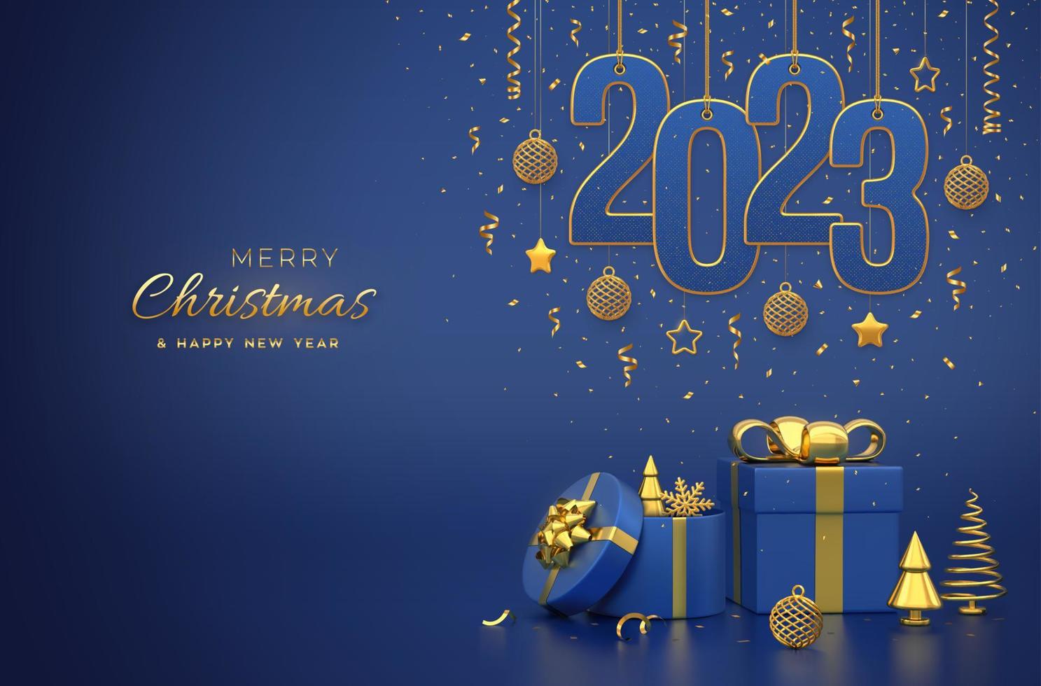 feliz año nuevo 2023. colgando de cuerdas doradas números 2023 con brillantes bolas 3d, estrellas, confeti sobre fondo azul. cajas de regalo, copos de nieve y abetos en forma de cono de abeto de pino metálico dorado. vector. vector