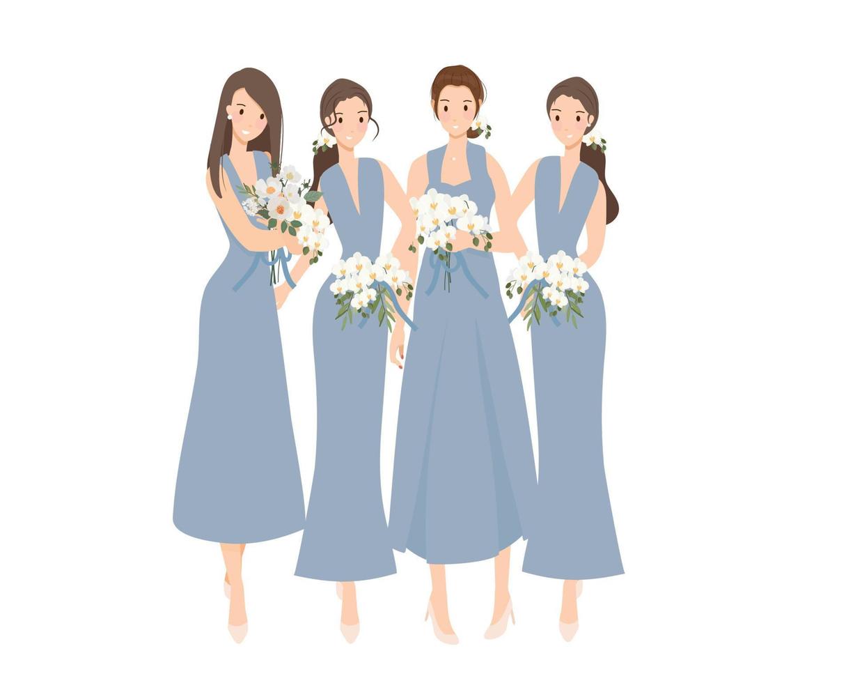 beautiful happy bride and bridesmaid in blue gown wedding ceremony vector