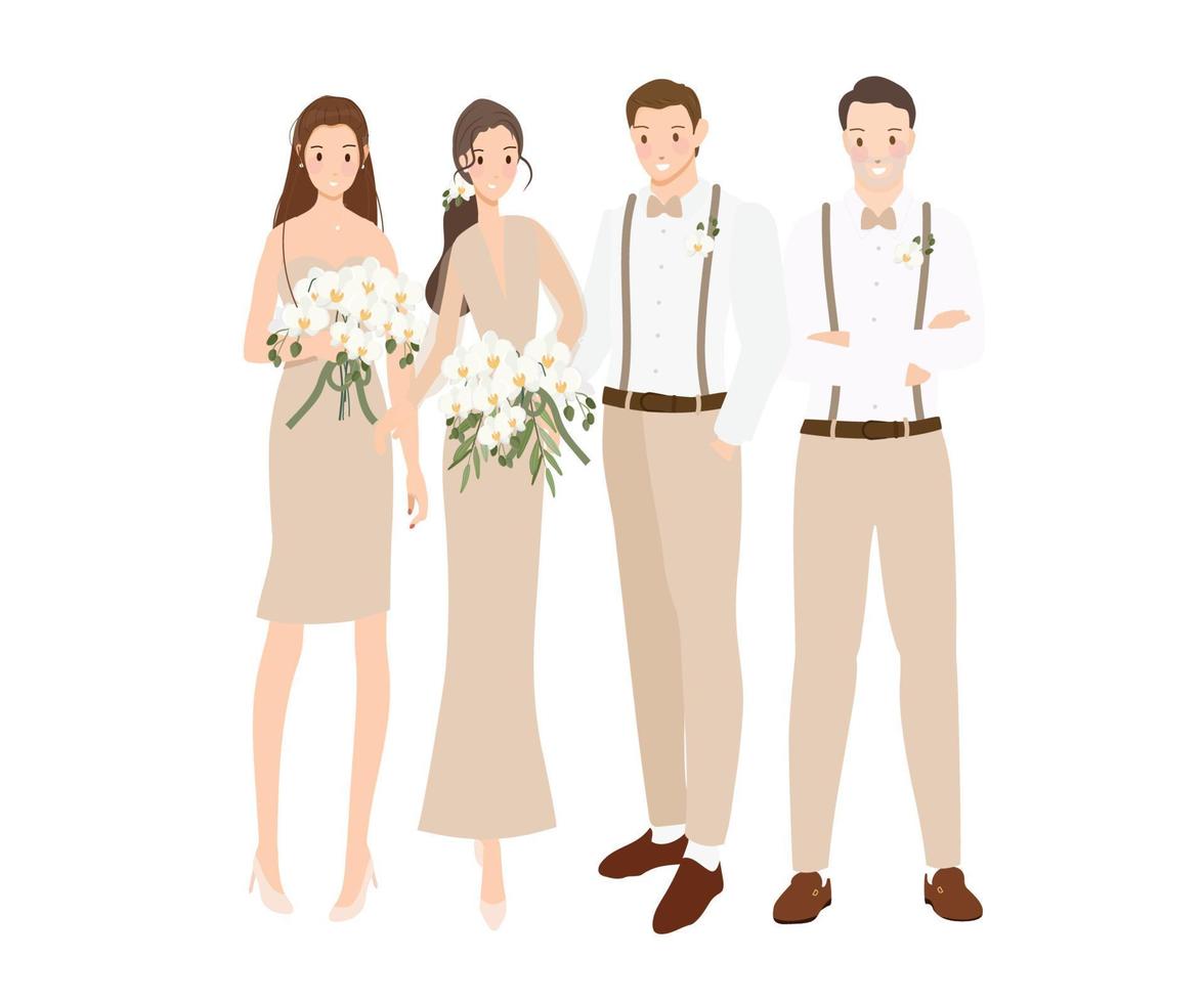 beautiful bohemian casual bride and groom wedding couple with bride maid and groomsman cartoon flat sytle vector