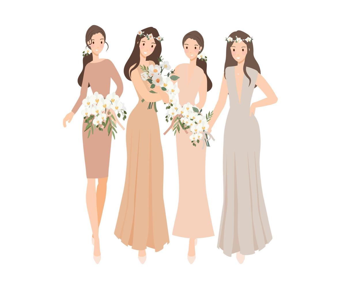 beautiful happy bride and bridesmaid in light beige creme gown wedding ceremony vector