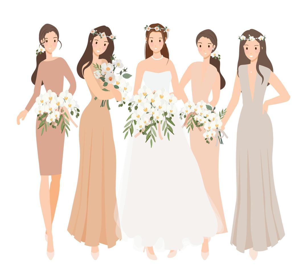 beautiful happy bride and bridesmaid in light beige creme gown wedding ceremony vector