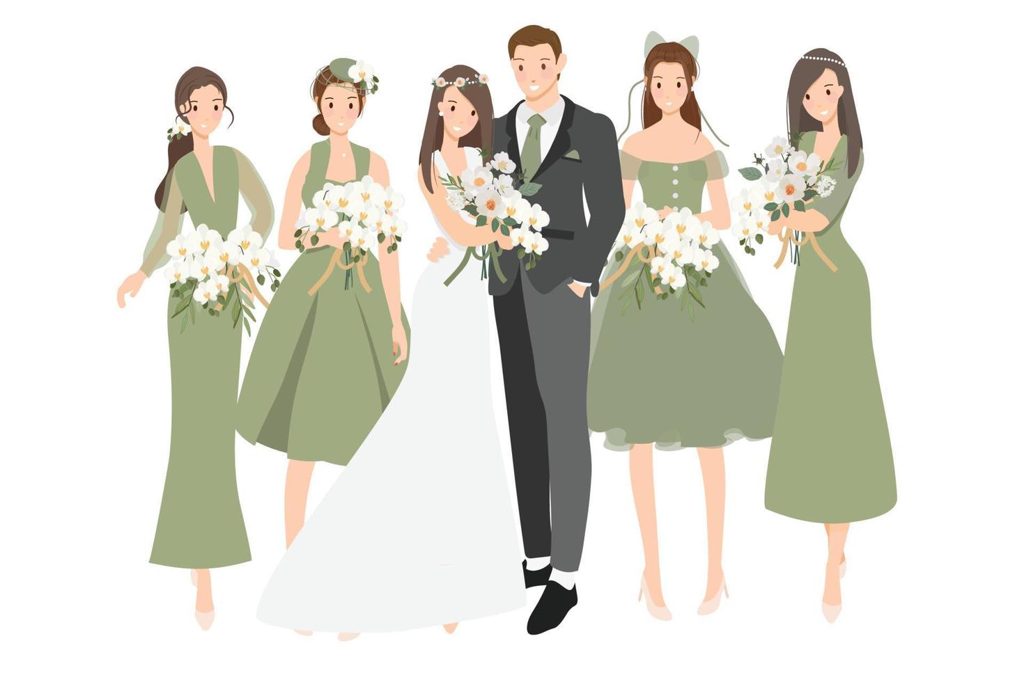 hermosa novia y el novio pareja de novios con dama de honor en vestido de tema verde estilo plano de dibujos animados vector