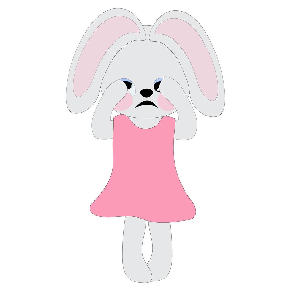 A bunny girl in a pink dress cries, covering her muzzle with her paws. Symbol of 2023. Coloring book for children. Vector image